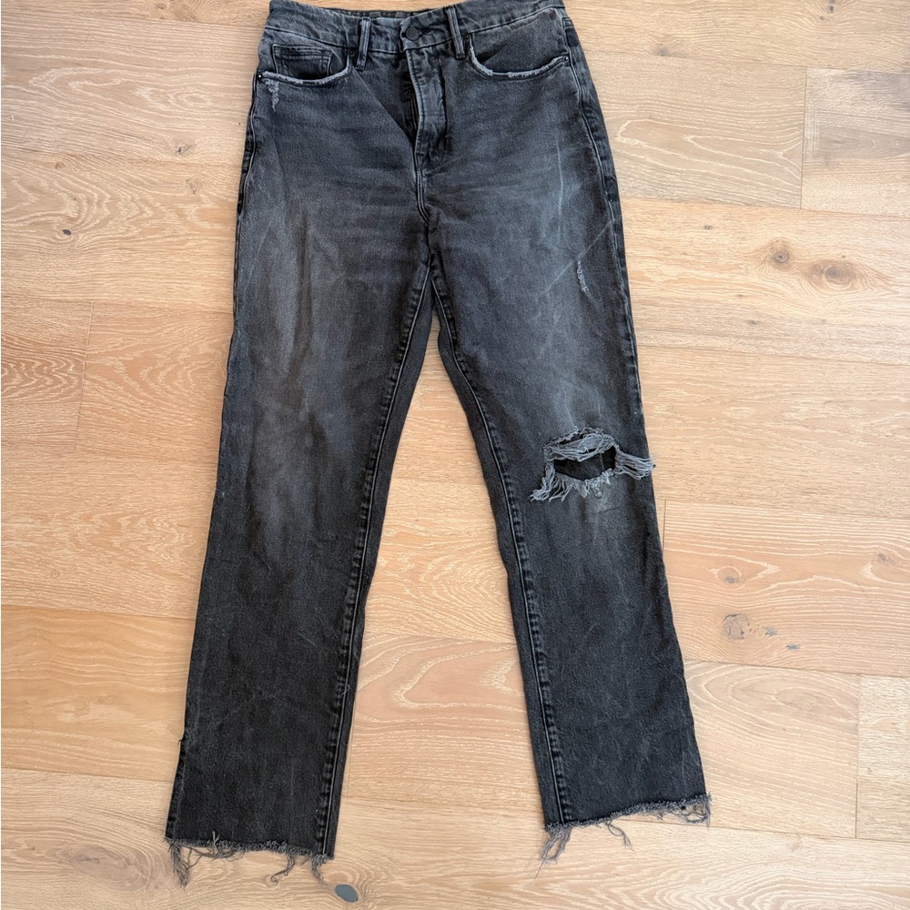 Good American Black Distressed Straight Leg Jeans
